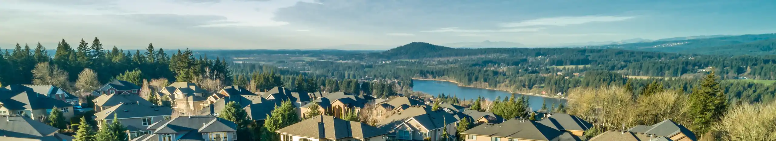 Aerial view of residential neighborhood near a lake. Contact Vanport Mechanical & Fire Sprinkler for your HVAC contractor needs.