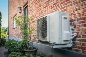 exterior of a brick home with a heat pump system